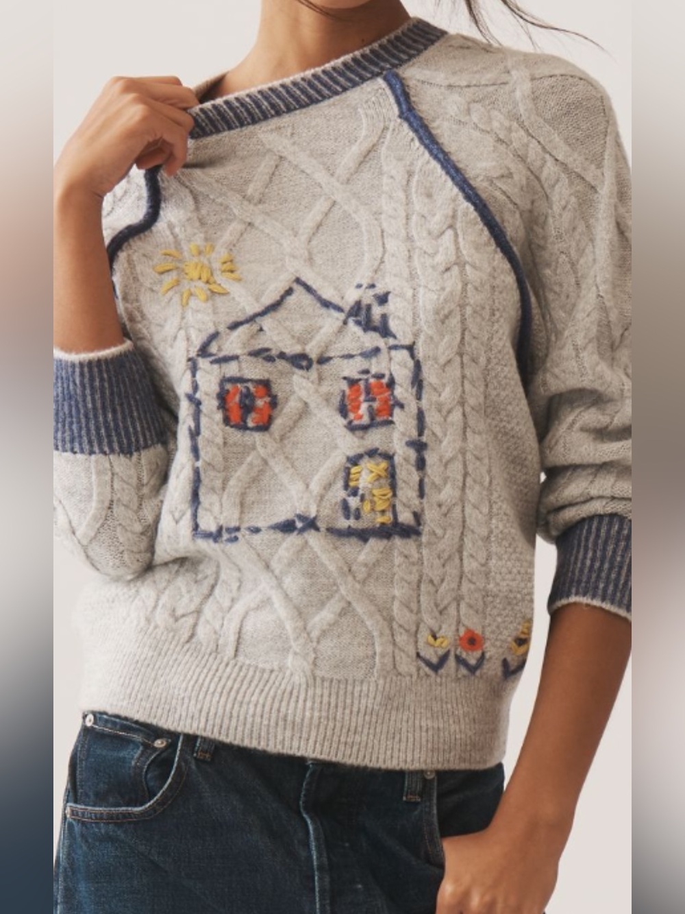 Pilcro Light Gray Crewneck Sweater with Embroidered House Accents